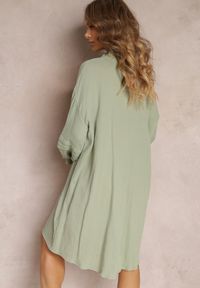 Renee - Jasnozielona Sukienka Mini z Bawełny z Ozdobnymi Rękawami i Wiązaniem przy Dekolcie Shamika. Kolor: zielony. Materiał: bawełna. Typ sukienki: trapezowe. Długość: mini #3