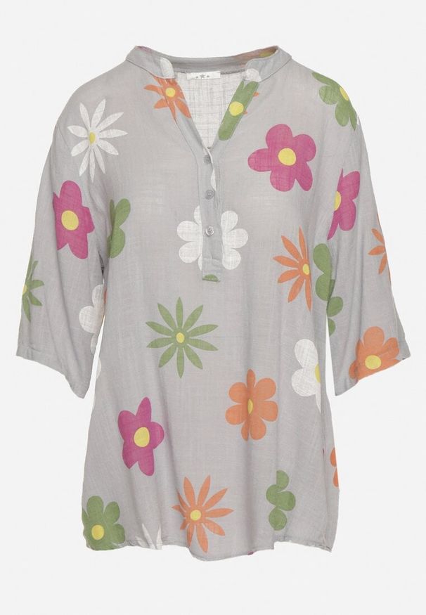 Born2be - Szara Koszula z Lnu i Bawełny w Kwiaty z Krótkim Rękawem Ambubia. Okazja: na co dzień. Typ kołnierza: dekolt w kształcie V. Kolekcja: plus size. Kolor: szary. Długość: krótkie. Wzór: kwiaty. Materiał: bawełna, len. Długość rękawa: krótki rękaw. Sezon: lato. Styl: casual