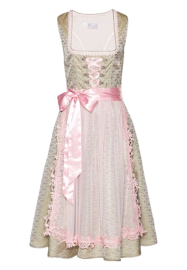 Sukienka ludowa z perełkami bonprix khaki - bladoróżowy wzorzysty. Kolor: szary. Materiał: koronka