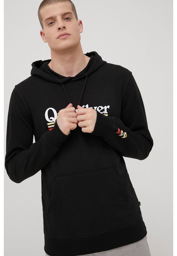 Quiksilver bluza męska kolor czarny z kapturem z nadrukiem. Okazja: na co dzień. Typ kołnierza: kaptur. Kolor: czarny. Materiał: bawełna, dzianina. Wzór: nadruk. Styl: casual