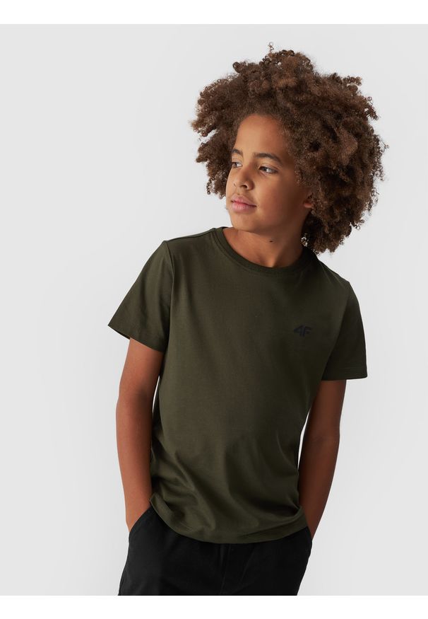 4f - 4F T-shirt gładki chłopięcy - khaki 140 (9-10 lat). Okazja: na co dzień. Kolor: oliwkowy, wielokolorowy, brązowy. Materiał: bawełna, jersey, dzianina. Długość rękawa: krótki rękaw. Długość: krótkie. Wzór: gładki. Sezon: lato. Styl: sportowy, casual