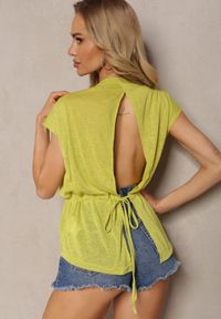 Renee - Jasnozielony Top z Regulacją w Talii i Wiązaniem na Dole z Rozcięciem na Plecach Tiimaelin. Okazja: na co dzień. Kolor: zielony. Materiał: jeans. Styl: sportowy, wizytowy, elegancki, casual