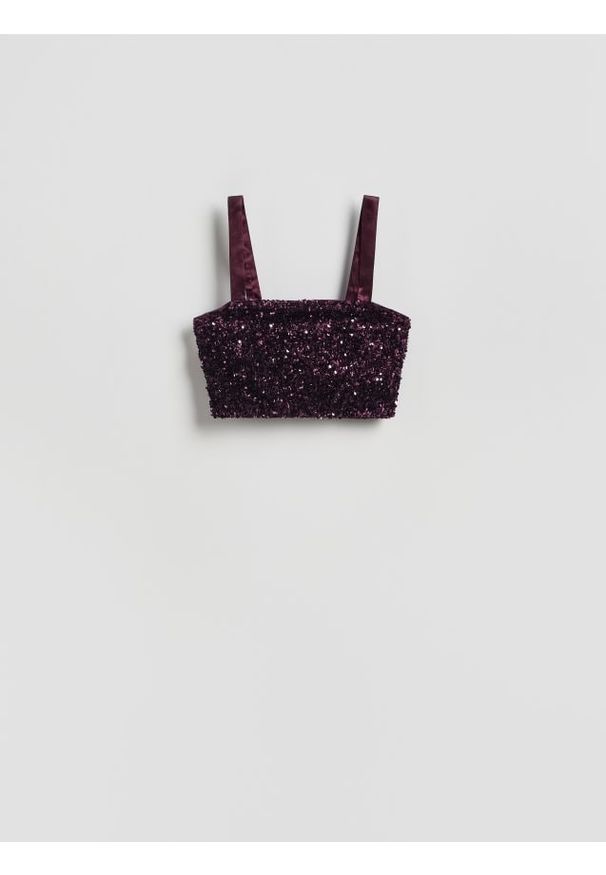 Reserved - Cekinowy top - ciemnofioletowy. Kolor: fioletowy. Materiał: dzianina