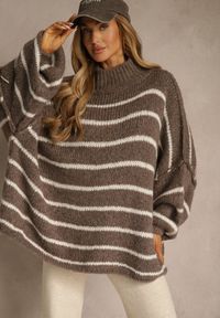 Renee - Brązowy Oversizowy Golf w Paski z Dodatkiem Wełny i Wiskozy Nezella. Okazja: na co dzień. Typ kołnierza: golf. Kolor: brązowy. Materiał: wełna, wiskoza. Wzór: paski. Styl: casual, elegancki #4