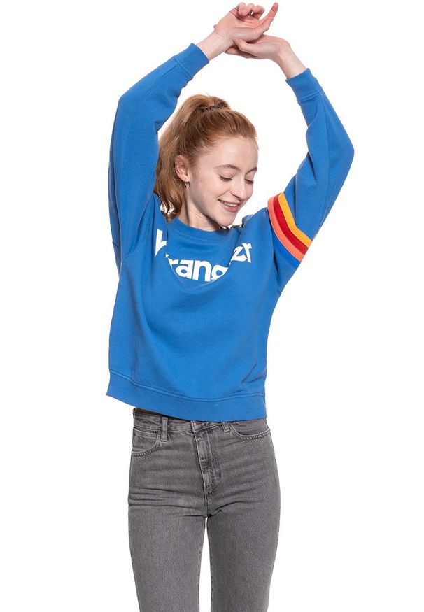 Wrangler - BLUZA WRANGLER DAMSKA LOGO SWEAT DEEP WATER W6072HQDF 112130428. Wzór: nadruk