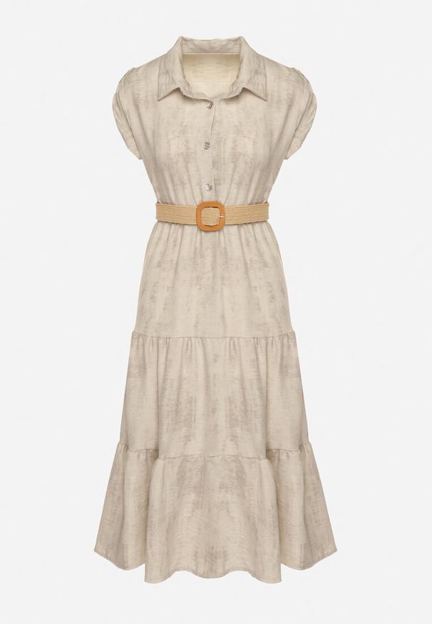 Born2be - Jasnobeżowa Sukienka Ozdobiona Plecionym Paskiem i Guzikami Filianea. Okazja: na co dzień. Kolor: beżowy. Materiał: jeans. Wzór: aplikacja. Styl: elegancki, casual