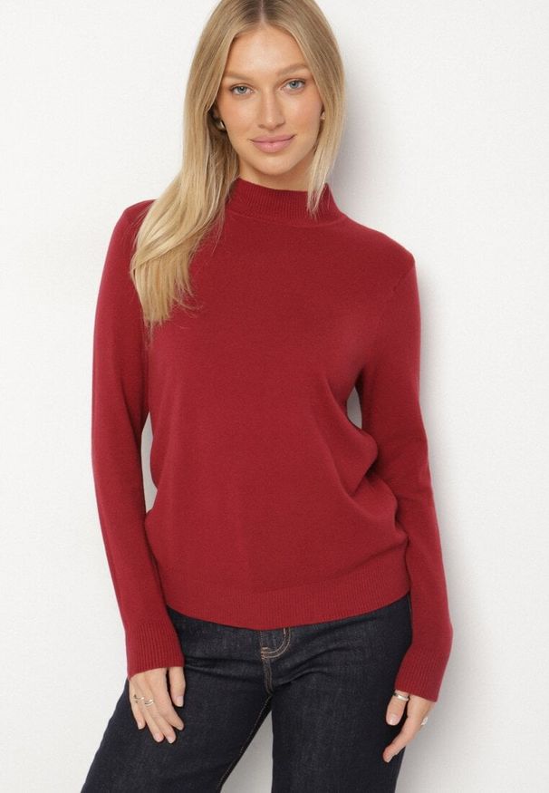 Born2be - Bordowy Gładki Sweter z Półgolfem w Stylu Casual Unallia. Okazja: na co dzień. Kolor: czerwony. Materiał: jeans. Długość rękawa: długi rękaw. Długość: długie. Wzór: gładki. Styl: casual