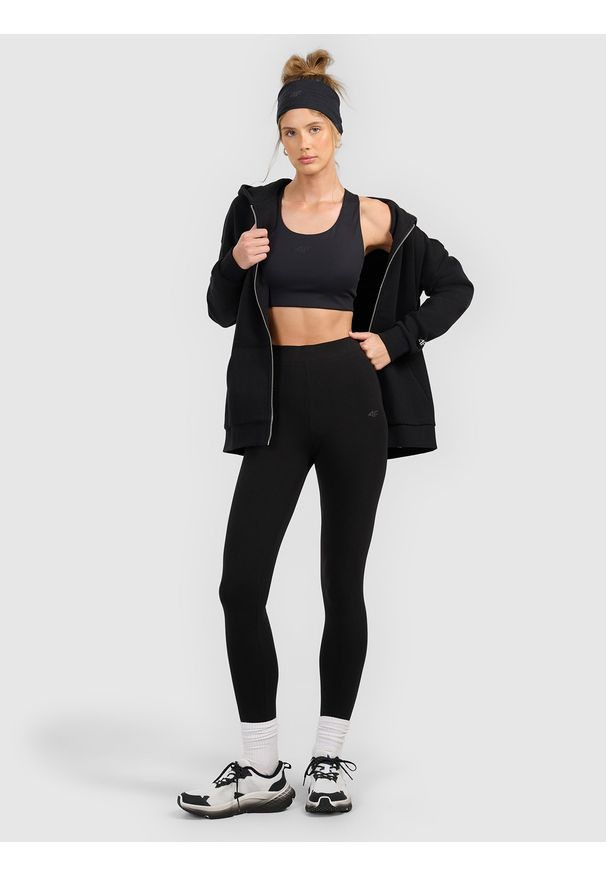 4f - 4F Legginsy dzianinowe damskie - czarne S. Okazja: na co dzień. Stan: podwyższony. Kolor: czarny. Materiał: dzianina. Wzór: gładki, jednolity, ze splotem. Styl: casual, sportowy