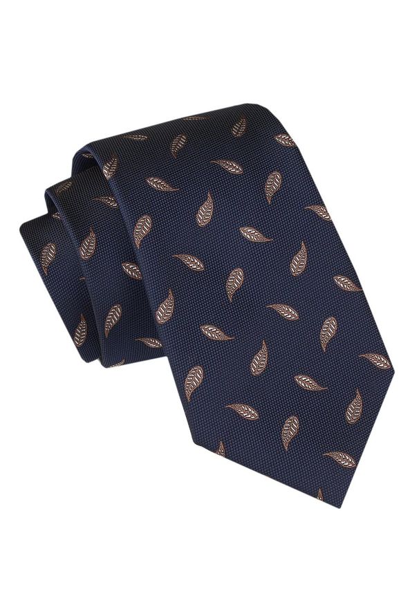 Męski Krawat - Alties - Granatowy w Brązowe Listki. Kolor: niebieski. Materiał: tkanina. Styl: elegancki, wizytowy