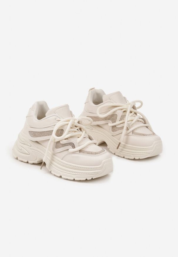 Born2be - Beżowe Sneakersy z Podwójnym Sznurowaniem i Platformą Hilanne. Kolor: beżowy. Materiał: jeans. Obcas: na platformie