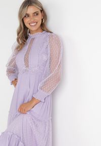 Born2be - Fioletowa Rozkloszowana Sukienka z Ozdobnymi Tiulowymi Wstawkami Revisa. Typ kołnierza: kołnierz z falbankami. Kolor: fioletowy. Materiał: tiul. Wzór: aplikacja. Długość: maxi #4