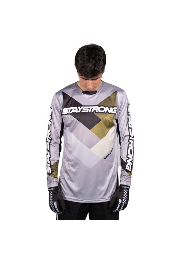 STAY STRONG - Jersey Stay Strong Chevron. Kolor: wielokolorowy, szary, zielony, brązowy. Materiał: jersey. Długość rękawa: długi rękaw. Długość: długie. Sport: kolarstwo