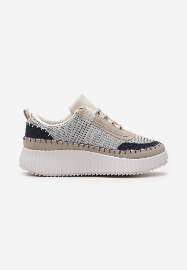 Renee - Beżowo-Niebieskie Sneakersy na Platformie Ozdobione Tweedowymi Wstawkami i Cyrkoniami Eganna. Kolor: beżowy. Wzór: aplikacja. Obcas: na platformie