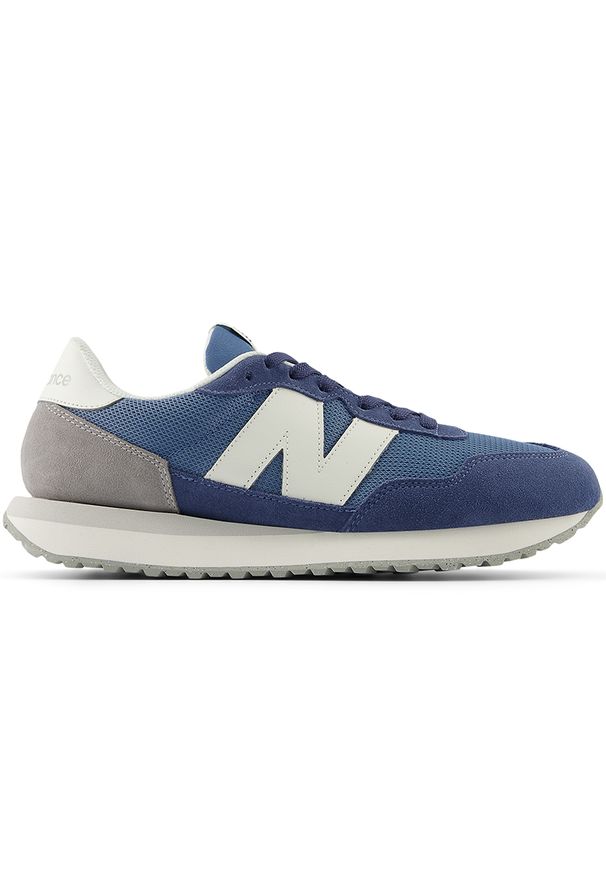 Buty męskie New Balance MS237LBW – granatowe. Kolor: niebieski. Materiał: skóra, syntetyk, zamsz, materiał, guma. Szerokość cholewki: normalna