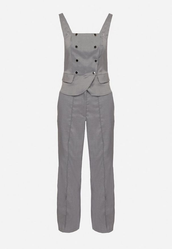 Born2be - Szary Komplet Garniturowy Dwurzędowy Top i Spodnie Normoi. Kolor: szary. Materiał: jedwab. Wzór: aplikacja