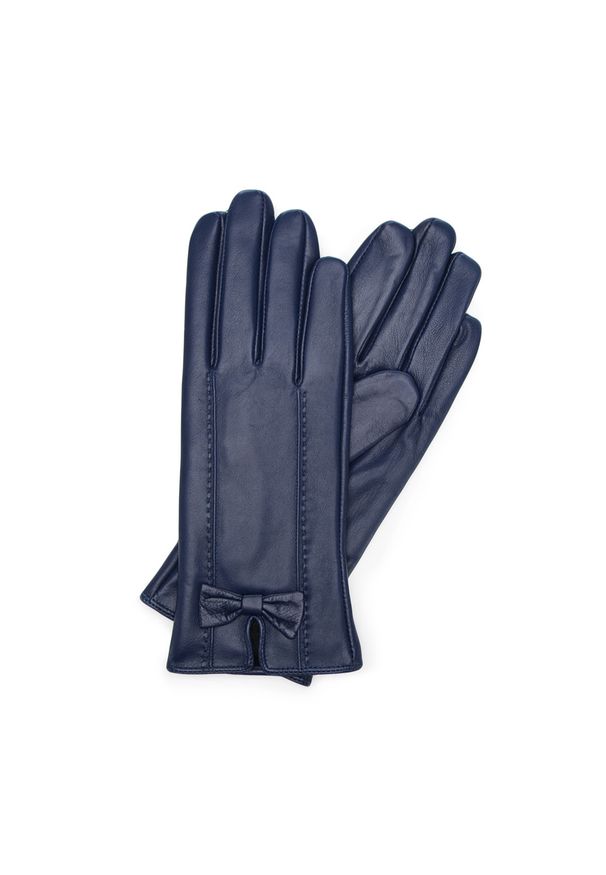 Wittchen - Damskie rękawiczki ze skóry z kokardką. Kolor: niebieski. Materiał: skóra. Wzór: aplikacja. Styl: klasyczny, elegancki