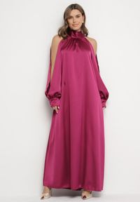 Born2be - Fioletowa Sukienka z Satyny Ozdobiona Wiązaniem Solreti. Kolor: fioletowy. Materiał: satyna. Wzór: aplikacja. Typ sukienki: proste. Styl: elegancki #1