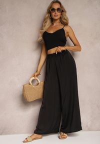 Renee - Czarne Wiskozowe Spodnie Szerokie High Waist Rissalene. Okazja: na spotkanie biznesowe, do pracy. Stan: podwyższony. Kolor: czarny. Materiał: wiskoza. Styl: biznesowy, elegancki