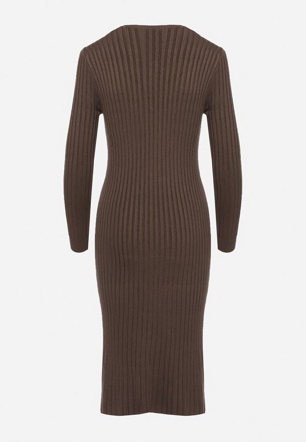 Born2be - Brązowa Dopasowana Sukienka z Wiskozą z Prążkowanego Materiału Ściągana Troczkiem Eleavia. Okazja: na co dzień. Kolor: brązowy. Materiał: materiał, prążkowany, wiskoza. Wzór: aplikacja. Styl: casual
