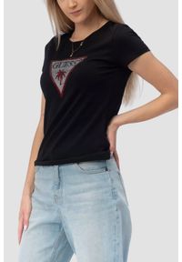Guess - GUESS Czarny damski t-shirt z logo z cyrkoniami Triangle Rhinestones, Rozmiar M. Okazja: na co dzień. Kolor: czarny. Styl: elegancki, casual, klasyczny #1