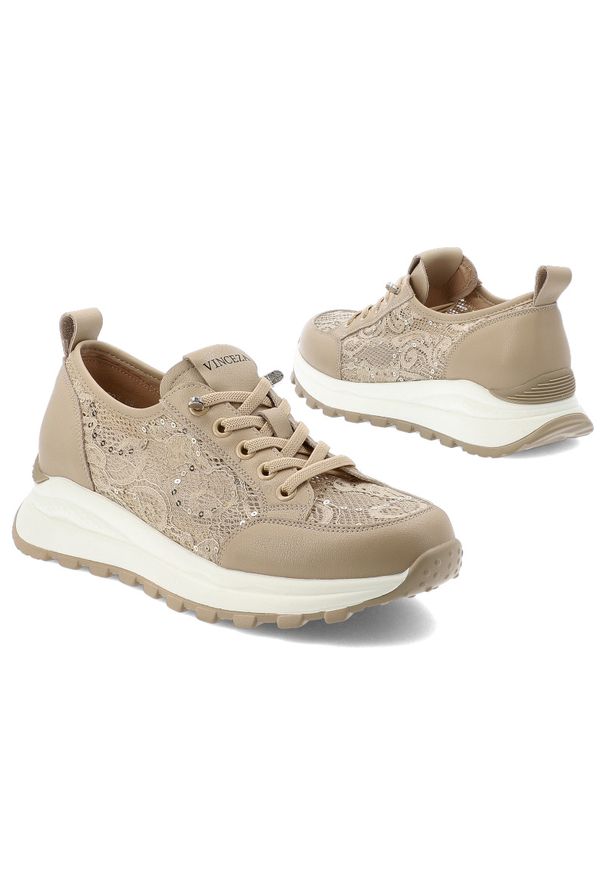 Beżowe Sneakersy Vinceza Modne Obuwie Damskie. Okazja: na co dzień. Zapięcie: sznurówki. Kolor: beżowy. Materiał: jeans, materiał, koronka. Wzór: aplikacja, koronka