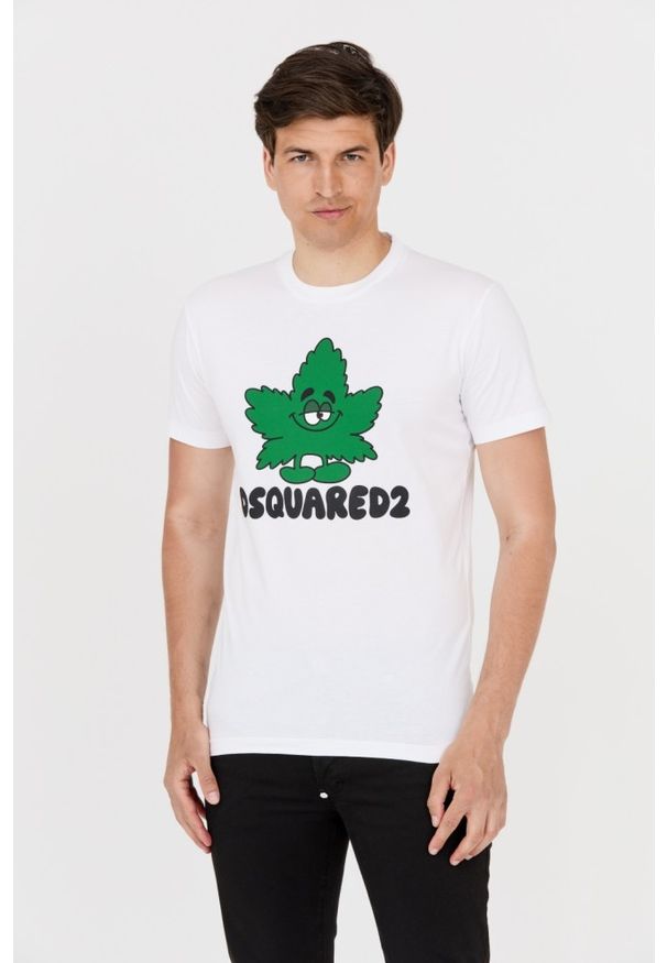 DSQUARED2 Męski biały t-shirt z zielonym liściem, Rozmiar M. Kolor: biały. Wzór: nadruk