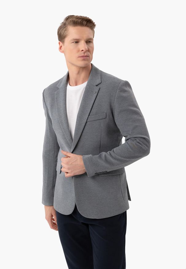 Volcano - Szara marynarka JB-ABIS. Okazja: na co dzień. Kolor: szary. Materiał: dzianina, poliester, wiskoza, elastan. Długość: długie. Styl: casual, elegancki, klasyczny