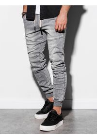 Ombre Clothing - Spodnie męskie jeansowe joggery P551 - szare - M. Kolor: szary. Materiał: jeans. Wzór: nadruk, gładki #1