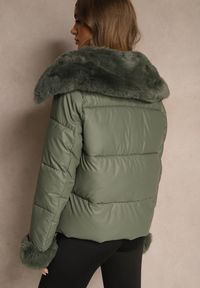 Renee - Zielona Kurtka z Pikowanymi Przeszyciami i Szerokim Kołnierzem z Futrem Galaressa. Okazja: na co dzień. Kolor: zielony. Materiał: futro. Długość: krótkie. Styl: casual #2