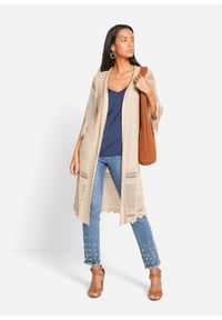 bonprix - Długi sweter ażurowy bez zapięcia. Kolor: beżowy. Długość: długie. Wzór: ażurowy. Sezon: wiosna. Styl: elegancki #2