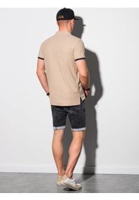 Ombre Clothing - T-shirt męski polo bez kołnierzyka - beżowy V5 S1381 - XL. Typ kołnierza: polo, bez kołnierzyka. Kolor: beżowy. Materiał: materiał, bawełna #4