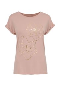 Ochnik - Różowy T-shirt damski z kwiatowym printem. Kolor: różowy. Materiał: materiał. Wzór: nadruk, kwiaty