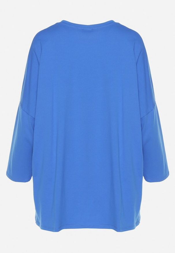 Born2be - Niebieska Bluzka Bawełniana Oversize z Nadrukiem i Cyrkoniami Reriola. Kolor: niebieski. Materiał: bawełna. Wzór: nadruk