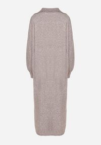 Born2be - Beżowa Pudełkowa Sukienka Sweterkowa z Wiskozą Szerokimi Rękawami i Kołnierzykiem Rinfera. Kolor: beżowy. Materiał: wiskoza. Typ sukienki: proste. Styl: wizytowy, elegancki #3