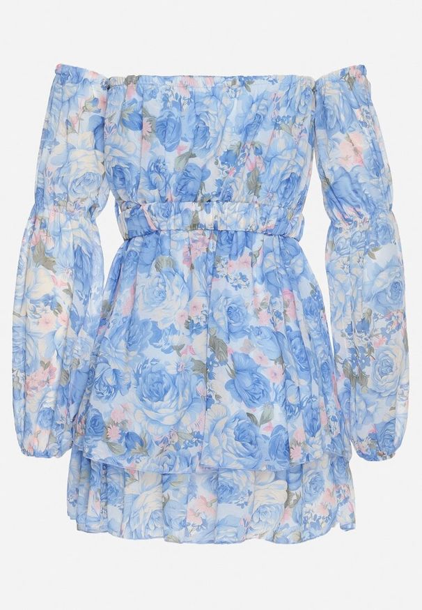 Born2be - Jasnoniebieska Wiskozowa Sukienka Hiszpanka z Falbanami i Paskiem w Kwiaty Virmoi. Okazja: na co dzień, na spacer. Typ kołnierza: dekolt hiszpanka. Kolor: niebieski. Materiał: wiskoza. Wzór: kwiaty. Typ sukienki: proste. Styl: casual