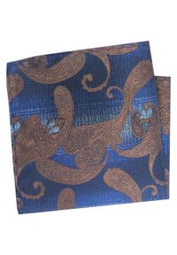 Poszetka Męska, Elegancka - Alties - Beżowe Duże Paisley, Niebieskie Tło. Kolor: brązowy, beżowy, niebieski, wielokolorowy. Materiał: poliester. Wzór: paisley
