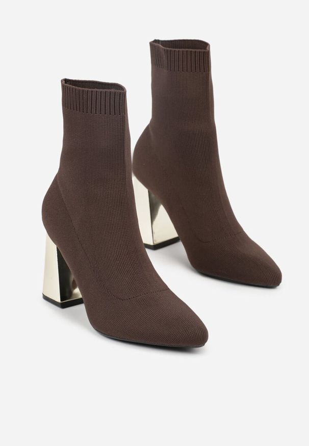 Born2be - Brązowe Eleganckie Botki VICES na Słupku ze Skarpetkową Cholewką Rasoria. Okazja: na spotkanie biznesowe, do pracy, na co dzień. Zapięcie: bez zapięcia. Kolor: brązowy. Materiał: satyna, skóra. Szerokość cholewki: normalna. Obcas: na słupku. Styl: elegancki