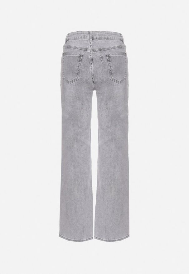 Born2be - Jasnoszare Jeansy Szerokie z Bawełny z Wyższym Stanem Adrinca. Okazja: na co dzień. Stan: podwyższony. Kolor: szary. Styl: casual