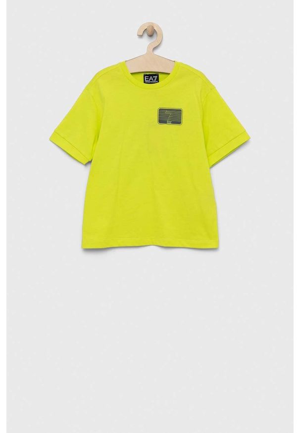 EA7 Emporio Armani t-shirt bawełniany dziecięcy kolor zielony z nadrukiem. Kolor: zielony. Materiał: bawełna. Wzór: nadruk
