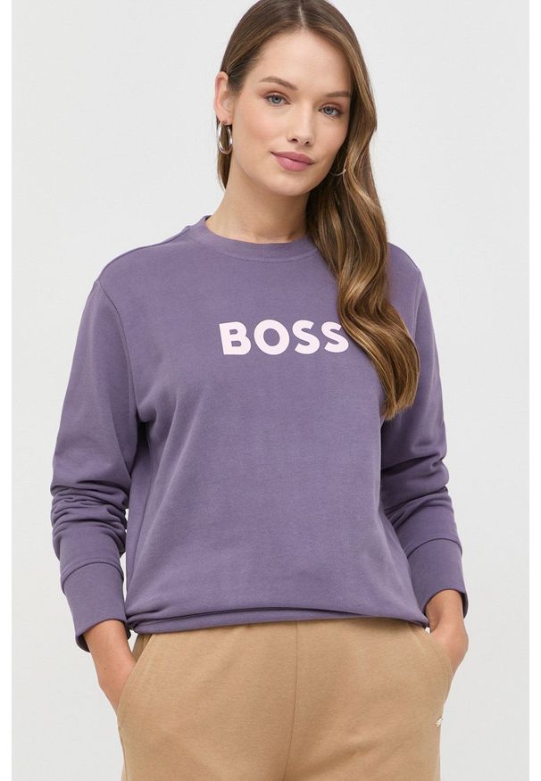 BOSS bluza bawełniana 50468357 damska kolor fioletowy z nadrukiem. Kolor: fioletowy. Materiał: bawełna. Długość rękawa: długi rękaw. Długość: długie. Wzór: nadruk