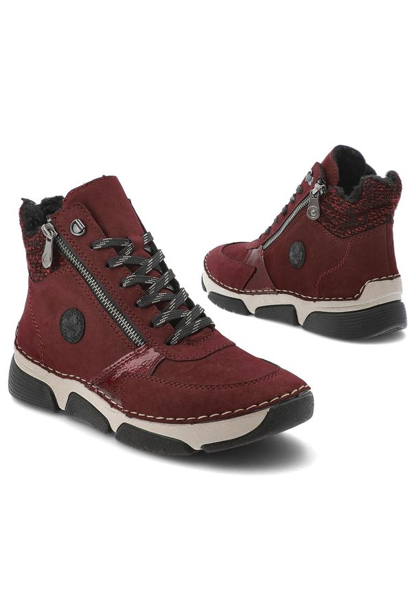 Trzewiki damskie Rieker, antistress ocieplane futerkiem i na grubej podeszwie, czerwone, 45960-35. Okazja: na co dzień, na spacer. Zapięcie: sznurówki. Kolor: czerwony. Materiał: futro. Szerokość cholewki: normalna. Styl: casual, klasyczny