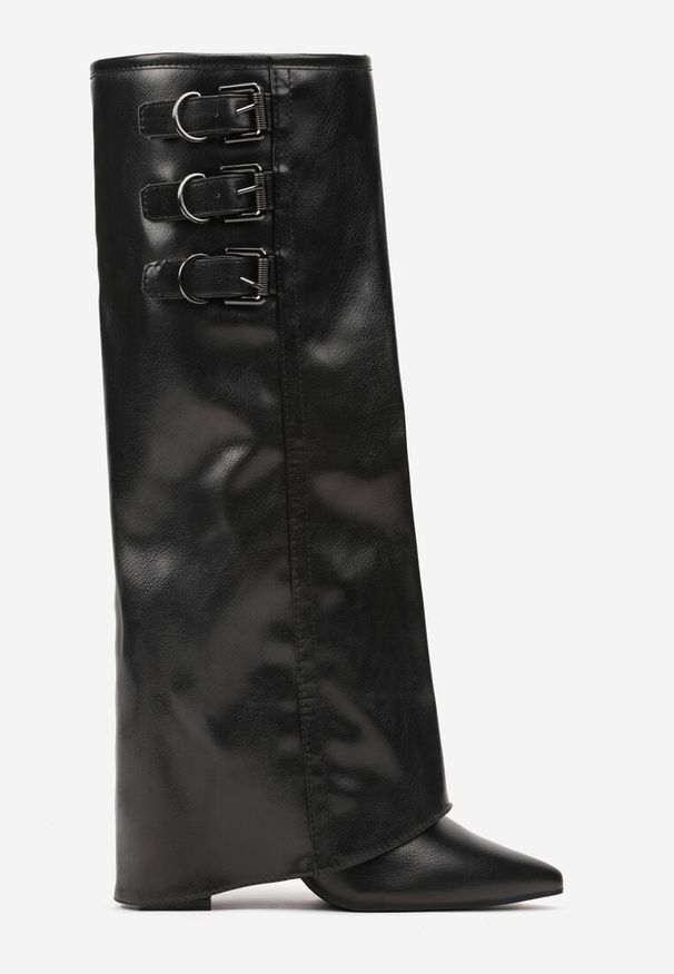 Born2be - Czarne Kozaki na Obcasie Ozdobione Wywiniętą Cholewką z Paskami i Klamrami Liennia. Okazja: na co dzień. Zapięcie: klamry. Kolor: czarny. Szerokość cholewki: normalna. Wzór: aplikacja. Obcas: na obcasie. Styl: wizytowy, casual, klasyczny, elegancki. Wysokość obcasa: średni