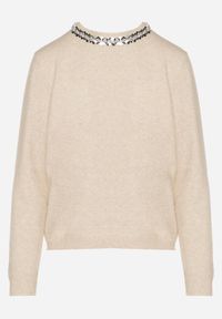 Born2be - Beżowy Sweter z Dodatkiem Kaszmiru Ozdobiony Cekinami i Cyrkoniami Vetimona. Okazja: na co dzień. Kolor: beżowy. Materiał: kaszmir. Wzór: aplikacja. Styl: klasyczny, casual, elegancki #3
