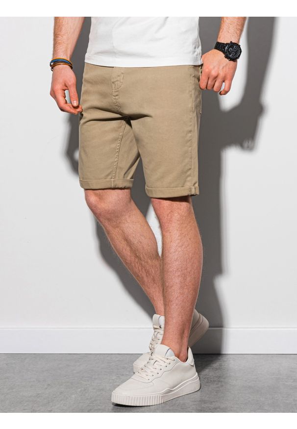 Ombre Clothing - Krótkie spodenki męskie casual W303 - ciemnobeżowe - XXL. Okazja: na co dzień. Kolor: beżowy. Materiał: elastan, bawełna. Długość: krótkie. Styl: casual