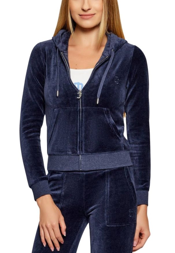Juicy Couture - JUICY COUTURE Granatowa bluza damska Robertson Hoodie, Rozmiar L. Okazja: na co dzień. Kolor: niebieski. Materiał: materiał. Styl: casual, klasyczny