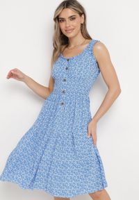 Born2be - Niebieska Rozkloszowana Sukienka z Bawełny na Szerokich Ramiączkach z Gumką w Pasie Bellawish. Kolor: niebieski. Materiał: bawełna. Długość rękawa: na ramiączkach. Styl: elegancki #5