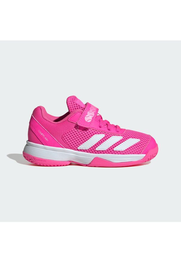 Adidas - Tenisowe buty z paskami na rzepy dla dzieci Courtflash. Zapięcie: rzepy. Kolor: różowy, wielokolorowy, biały. Sport: tenis