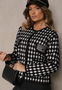 Renee - Czarny Wiskozowy Kardigan Ozdobiony Wzorem w Pepitkę i Guzikami Saveri. Kolor: czarny. Materiał: wiskoza. Wzór: aplikacja. Styl: retro, elegancki #3