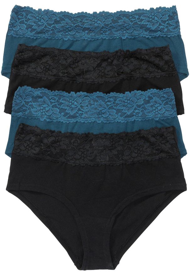 bonprix - Figi maxi panty (4 pary). Kolor: czarny. Materiał: koronka. Wzór: haft, koronka