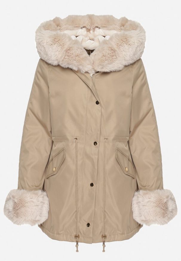 Born2be - Beżowa Kurtka Parka z Kapturem i Odpinanymi Futerkowymi Wstawkami Ściągana w Pasie Savanella. Okazja: na co dzień. Typ kołnierza: kaptur. Kolekcja: plus size. Kolor: beżowy. Materiał: jeans, dzianina. Styl: klasyczny, casual